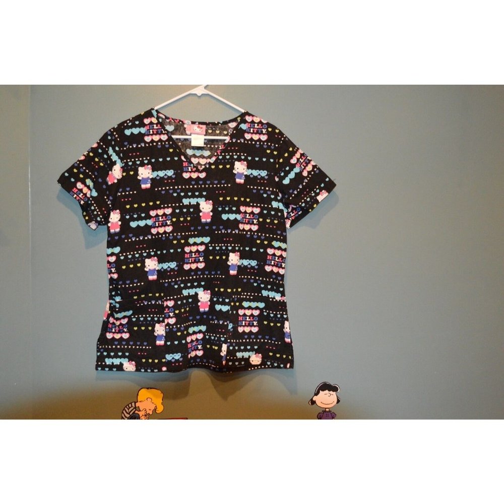Hello Kitty Black Scrub Top M Heart Medical Uniform Shirt V Neck Graphic Blouse